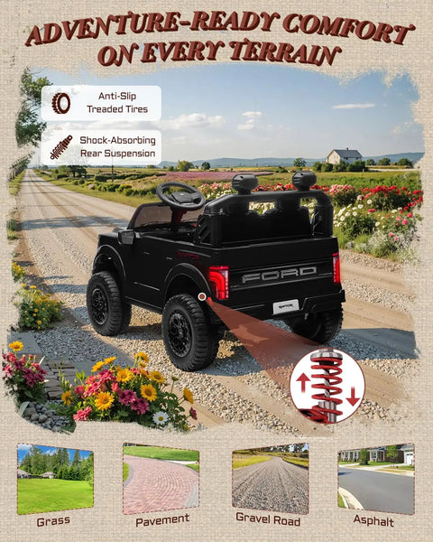 Black 24V Ride On Toy For Big Kids Licensed Ford F150 Raptor showing rear view on gravel road with anti-slip tires and suspension features.