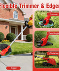 Two In One Cordless Weed Wacker And Lawn Edger With 12 Inch Cut used for trimming and edging near house, demonstrating flexibility