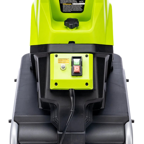 Close-up of control panel on 15 Amp Corded Electric Garden Chipper With Collection Bin For Branches Up To 1.8 Inches Power Through Sticks And Brush For Easy Yard Cleanup No Gas Or Fumes