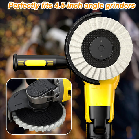 BURMONG 8-pc wool polishing wheel kit on a 4.5-inch angle grinder; white buffing wheel with black backing pad