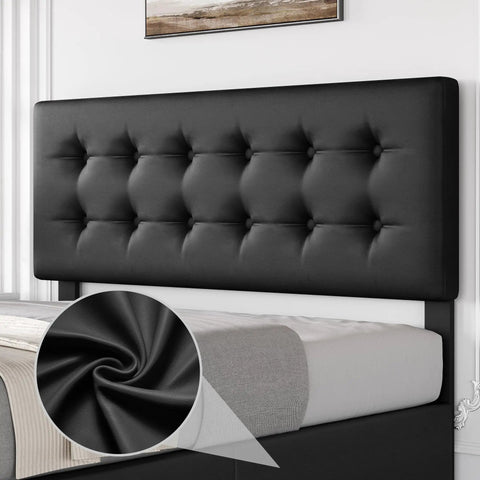Absolute Game Changer Queen Size Platform Bed Frame With Durable Faux Leather Headboard showing tufted black headboard detail.
