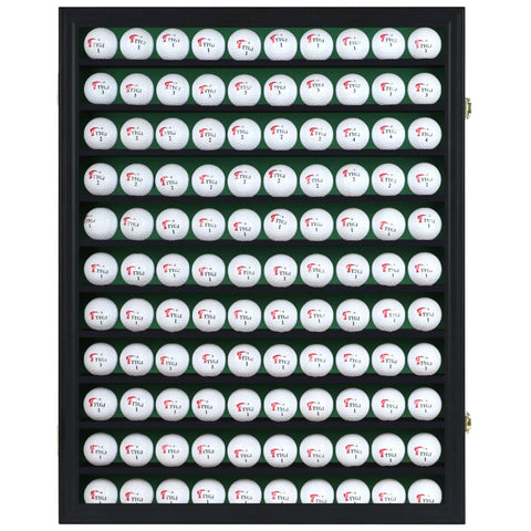 Wall Mount Golf Ball Display Case That Holds 110 Balls With UV Protection And Gold Lock Black Frame And Green Felt Interior