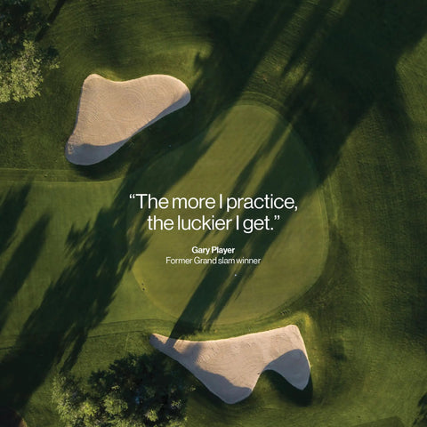 Aerial view of a golf course green with sand traps, featuring a quote by Gary Player on practice and luck.