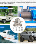 Beefy 200A 12V Three Terminal Solenoid Relay For Golf Carts And Heavy Duty Winches, Marine Ready SPST 12VDC, Zinc Plated Housing, Pro Grade Switch For Auto, ATV, Boat Projects With Smooth Power Switching, shown with golf carts, winches, ships, military vehicles