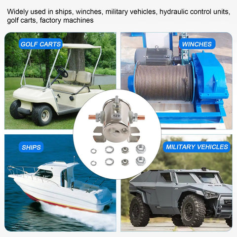 Beefy 200A 12V Three Terminal Solenoid Relay For Golf Carts And Heavy Duty Winches, Marine Ready SPST 12VDC, Zinc Plated Housing, Pro Grade Switch For Auto, ATV, Boat Projects With Smooth Power Switching, shown with golf carts, winches, ships, military vehicles