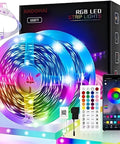 Ultra Long 100 Feet RGB LED Strip Lights With App Control And Music Sync next to packaging, remote, and smartphone app interface
