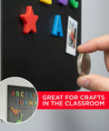 Close-up of Magnet Receptive Ferrous Sheets With Strong Peel And Stick Backing, showing flexible rubber magnetic surface in classroom use.