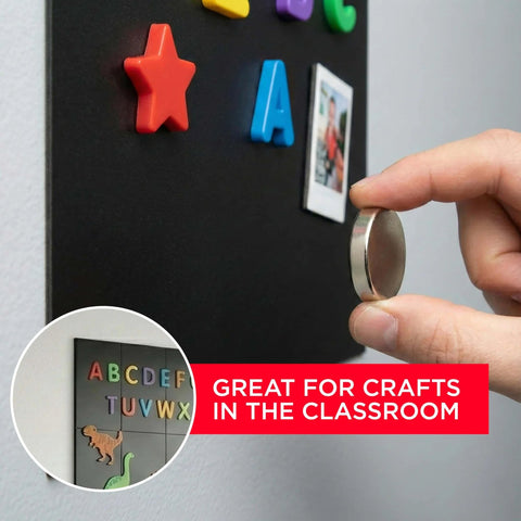 Close-up of Magnet Receptive Ferrous Sheets With Strong Peel And Stick Backing, showing flexible rubber magnetic surface in classroom use.