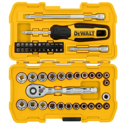 One Quarter Inch Drive 50 Piece Mechanics Tool Set With DirectTorque Technology open in yellow case, showing sockets and ratchet