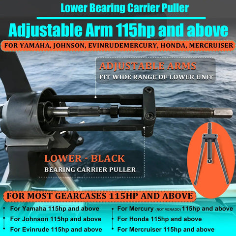 Heavy Duty Marine Lower Unit Repair Kit Featuring Rock Solid Three Piece Bearing Carrier Puller And Drive Shaft Retainer Wrench Set For No Sweat Outboard Servicing, adjustable arm puller for 115hp marine gearcases.