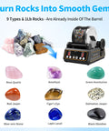 Rock Tumbler Kit With Quiet 2.5Lb Rubber Barrel Rotary Polisher Three Speeds Nine Day Timer displayed with assorted rocks