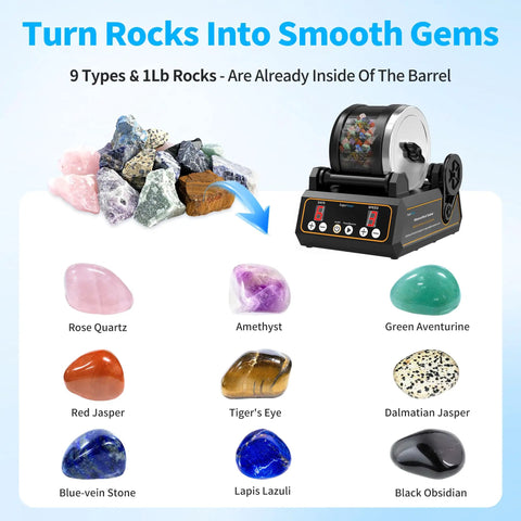 Rock Tumbler Kit With Quiet 2.5Lb Rubber Barrel Rotary Polisher Three Speeds Nine Day Timer displayed with assorted rocks