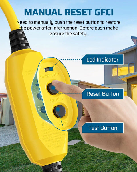 Manual reset button on Beefy 3 Ft Outdoor GFCI Extension Cord 12/3 Gauge Heavy Duty Power Cable With LED Lighted 3 Prong Plug