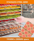Stainless Steel Electric Food Dehydrator With Eight Sturdy Trays That Truly Kicks Up Your Snack Game By Preserving Tender Beef Jerky And Crispy Fruit Chips In A Solid No Worries Setup For Everyday Cooking with eight trays of vegetables and fruits.