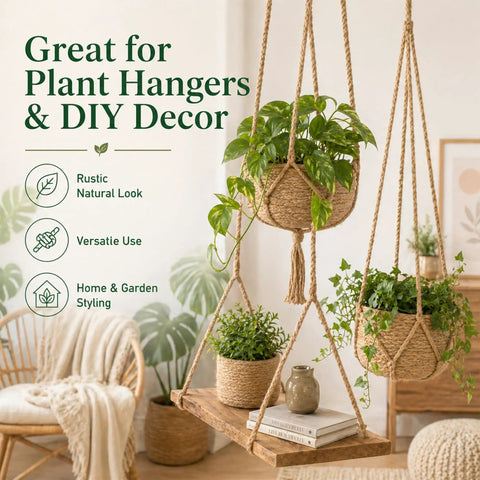 Dope Natural Jute Rope 8mm Thick Hemp Twine 165ft for DIY plant hangers and home decor with plants, books, and pottery.