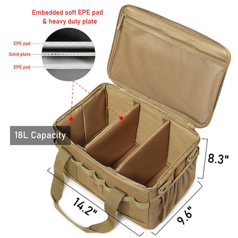 Open Rugged 18L Camping Storage Bag With Tactical Utility Tote Water Resistant 600D Nylon Organizer in khaki showing compartments