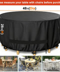 Round Outdoor Table And Chair Set Cover Fits 48 Inch Diameter By 28 Inch High Beefy Built 420D Waterproof UV Resistant Windproof Dustproof Black Patio Furniture Cover installed on a patio set
