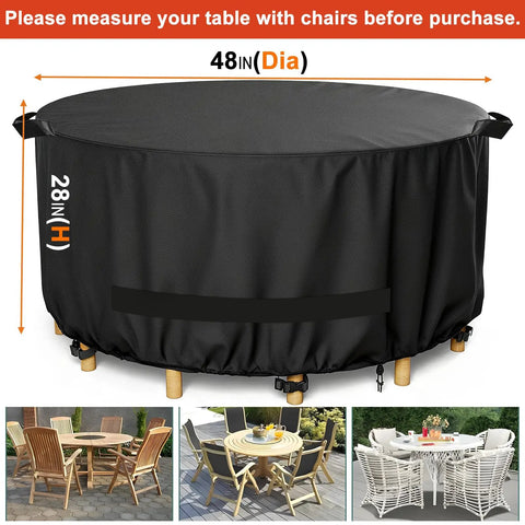 Round Outdoor Table And Chair Set Cover Fits 48 Inch Diameter By 28 Inch High Beefy Built 420D Waterproof UV Resistant Windproof Dustproof Black Patio Furniture Cover installed on a patio set