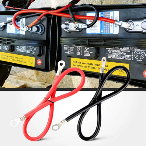 Heavy Duty 6 AWG 20 Inch Battery Power Inverter Cables Set With Tin Plated Copper Terminals And Three Eighth Inch Lugs, shown connected and separate