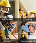 People using power drills for wood projects, framing, fencing, and wood home building.
