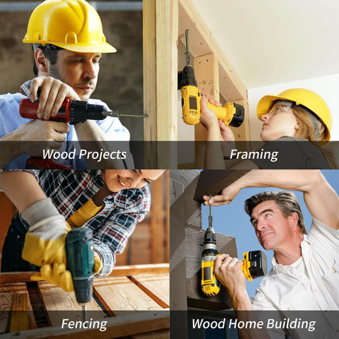 People using power drills for wood projects, framing, fencing, and wood home building.