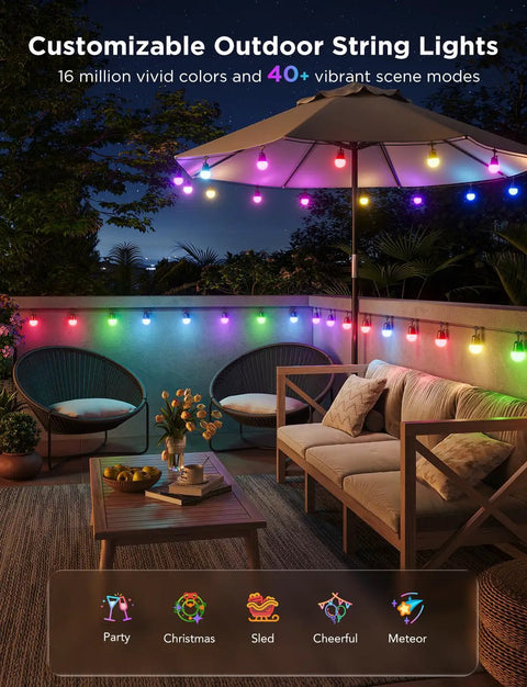 Two-Set 144-Foot Smart Outdoor String Lights With Dimmable Warm White LEDs on patio, showing colorful scene modes on balcony.