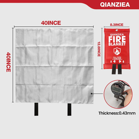 2 Pack 40x40 Inch Fire Blanket For Home And Kitchen, Emergency Fire Safety Gear, showing size and thickness details
