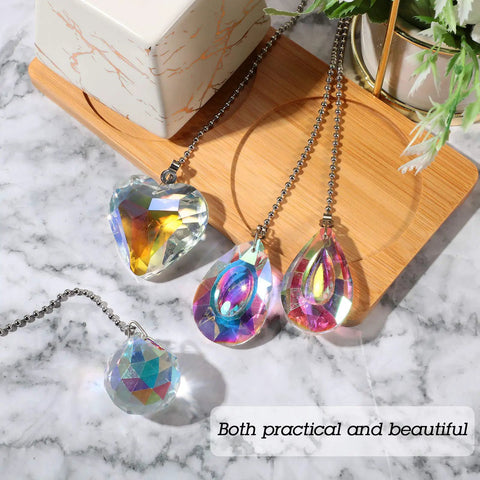 Rainbow Crystal Ceiling Fan Pull Chain Set, 4 Piece 20 Inch Length Alloy Bead Chains With Ball Connectors, Sparkling Longan Water Drop Heart And Round Crystal Drops For Lit Home Decor And Easy Light Switch Access