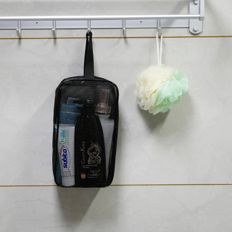 Mesh Shower Caddy Bag for Bathroom, Gym, Camping and Travel hung on a wall rack with toiletries inside.
