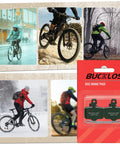 Image of Bucklos disc brake pads packaging next to cyclists using Sram Compatible Disc Brake Pads With Resin, Multi Metal, Sintered Metal, Copper Based And Ceramic Options For Avid Elixir And Mag Level Brakes in different weather conditions.