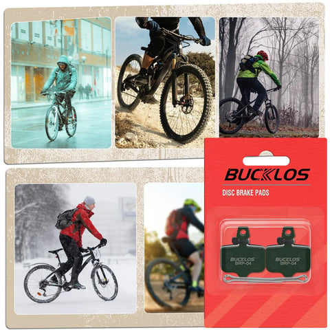 Image of Bucklos disc brake pads packaging next to cyclists using Sram Compatible Disc Brake Pads With Resin, Multi Metal, Sintered Metal, Copper Based And Ceramic Options For Avid Elixir And Mag Level Brakes in different weather conditions.