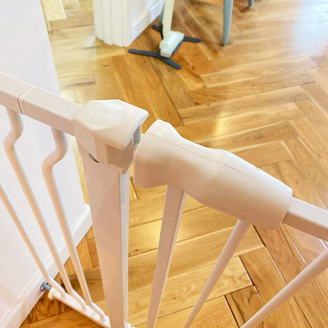 Extra Wide Baby Gate For Openings From 29.1 To 62.2 Inches Warm White Finish Pressure Mounted No Screws Needed Easy One Hand