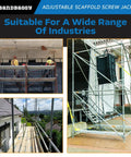 Adjustable Scaffold Screw Jack and Galvanized Leveling Support with 30K Rating at a work site, showcasing stability and use outdoors.