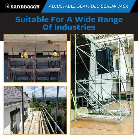 Adjustable Scaffold Screw Jack and Galvanized Leveling Support with 30K Rating at a work site, showcasing stability and use outdoors.