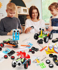 Five In One Hands On Robot STEM Kit Set For Kids Ages 8 To 12 with kids assembling colorful robot cars at a table