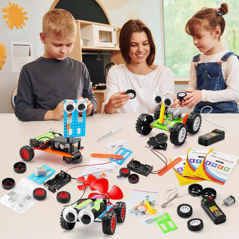 Five In One Hands On Robot STEM Kit Set For Kids Ages 8 To 12 with kids assembling colorful robot cars at a table