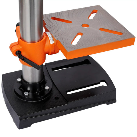 Base of 10 Inch Benchtop Drill Press With 12 Variable Speeds Ranging From 380 To 3130 Rpm showing solid metal construction and stability.