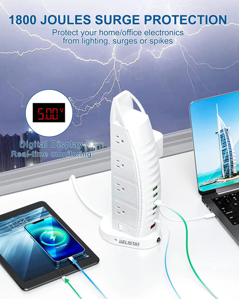 Eight Widely Spaced AC Outlets Surge Protector Power Strip For Home Office with USB Ports beside laptop and tablet on desk