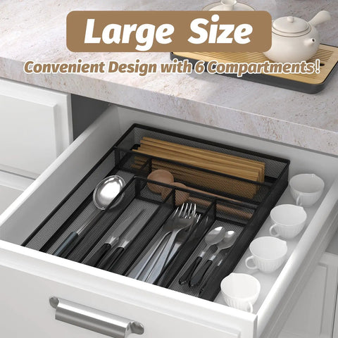 Durable Metal Mesh Silverware Organizer for Kitchen Drawers, Large 6 Compartment Flatware Tray, Utensil Drawer Organizer in Black