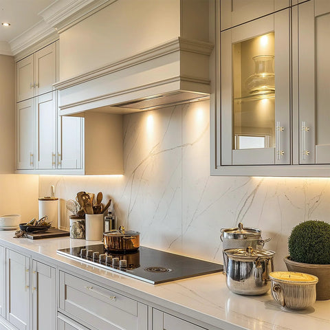 Elegant kitchen with Brushed Nickel And Brushed Brass Cabinet Knobs And Handles, highlighting modern T Bar Drawer Pulls on cabinets and drawers.