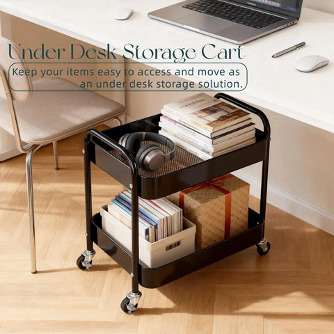 Two Tier Rolling Cart With Wheels For Under Desk Storage And Small Space Organization under a desk with office items