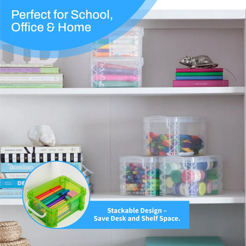 Durable 3x5 Index Card Box Organizer for Notes, Recipes, in assorted colors stacked on white shelves