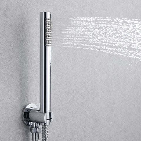 Wall Mount Tub Filler Waterfall Faucet With Handheld Shower Chrome Finish, sleek handheld shower spraying water