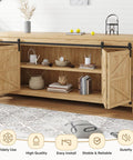 Wooden TV stand with 6 Ft Mini Cabinet Bi Folding Sliding Barn Door Hardware Track Kit For 4 Doors, easy install, and smooth operation.