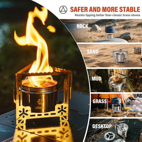 2250W Alcohol Stove for Camping And Outdoors with sealed cover, foldable stand, shown in various outdoor settings