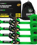 Badass Cargo Control With These Heavy Duty E Track Ratchet Tie Down Straps 4 Pack shows green straps, ratchets, and storage bag.