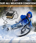 Cyclist biking in snow with overlay of Six Pairs Resin Bike Brake Pads For Disc Brakes Compatible With Shimano Deore XT XTR LX SLX Hone Alfine Saint, Easy Drop In Replacement, Long Lasting Stop Power, Quiet Performance.