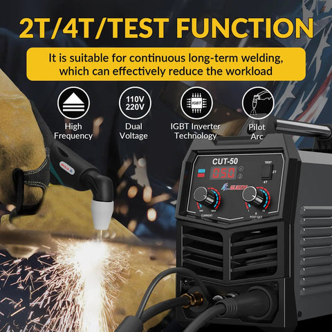 Beefy 50 Amp Dual Voltage Plasma Cutter With Air Inverter, 110 Volt And 220 Volt, Digital Display, IGBT Inverter, 2T 4T And Test Modes
