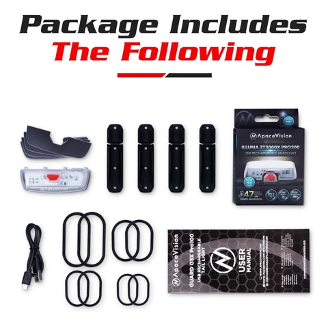 Package contents of USB Rechargeable Bike Front Light With 200 Lumen LED Output For Day And Night Visibility Durable Bicycle Headlamp
