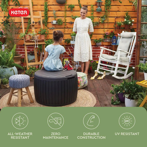 Versatile 37 Gallon Outdoor Deck Box That Doubles As An Ottoman Chair Or Side Table Brown Round Resin Storage Bench for garden